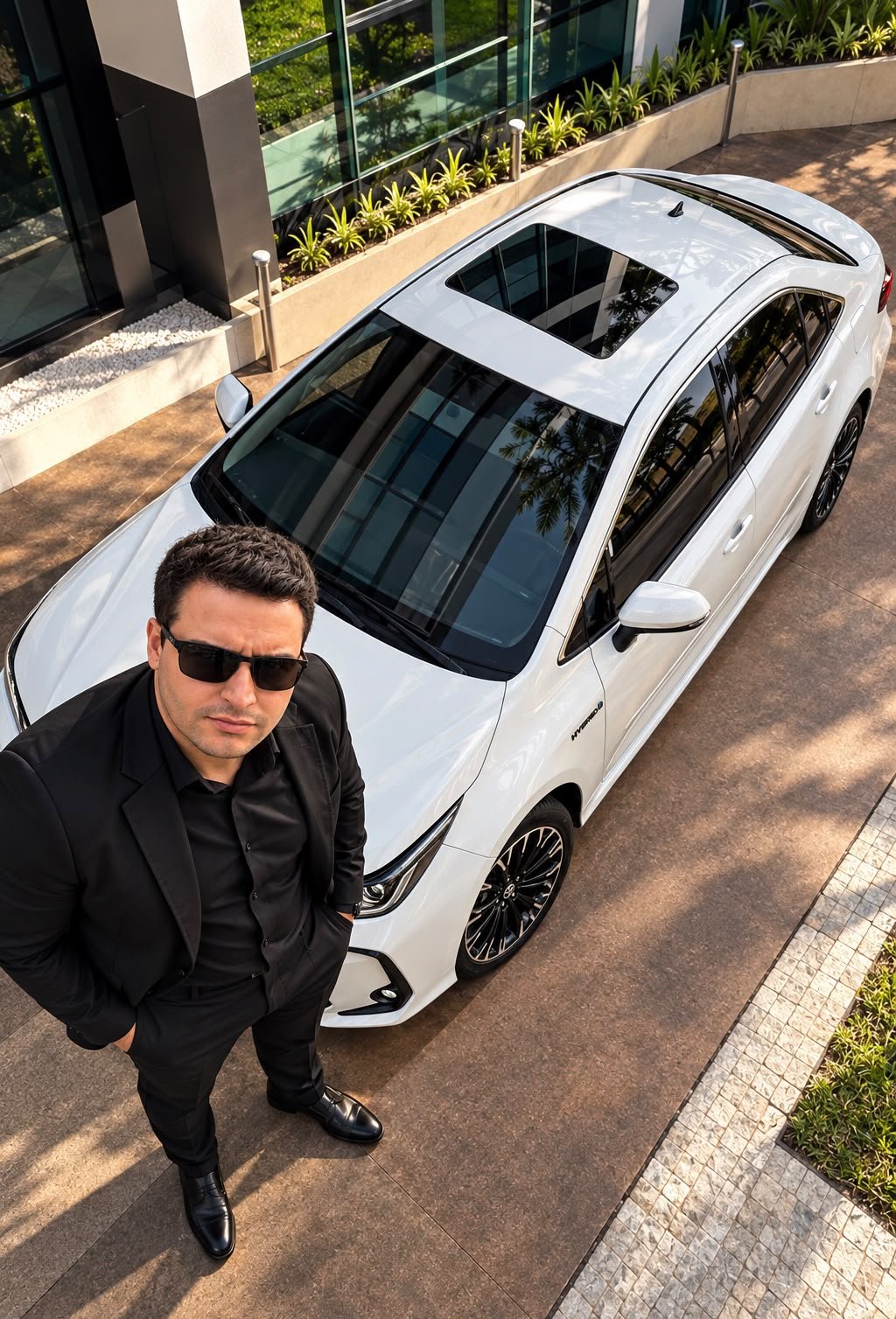 Patrick Martins ao lado do Toyota Corolla Altis Hybrid Premium branco da Martins Select
